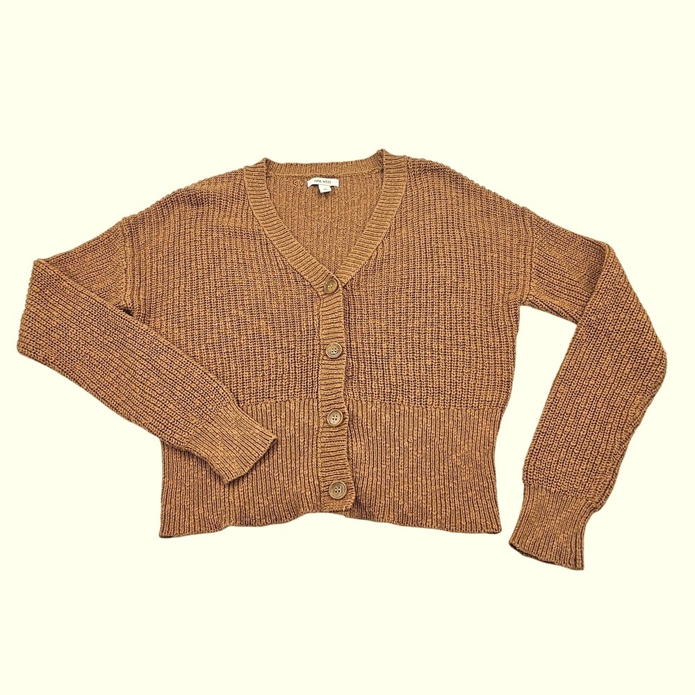 Nine West Tan Shaker Knit V-Neck Button Front Cardigan Sweater Womens Medium